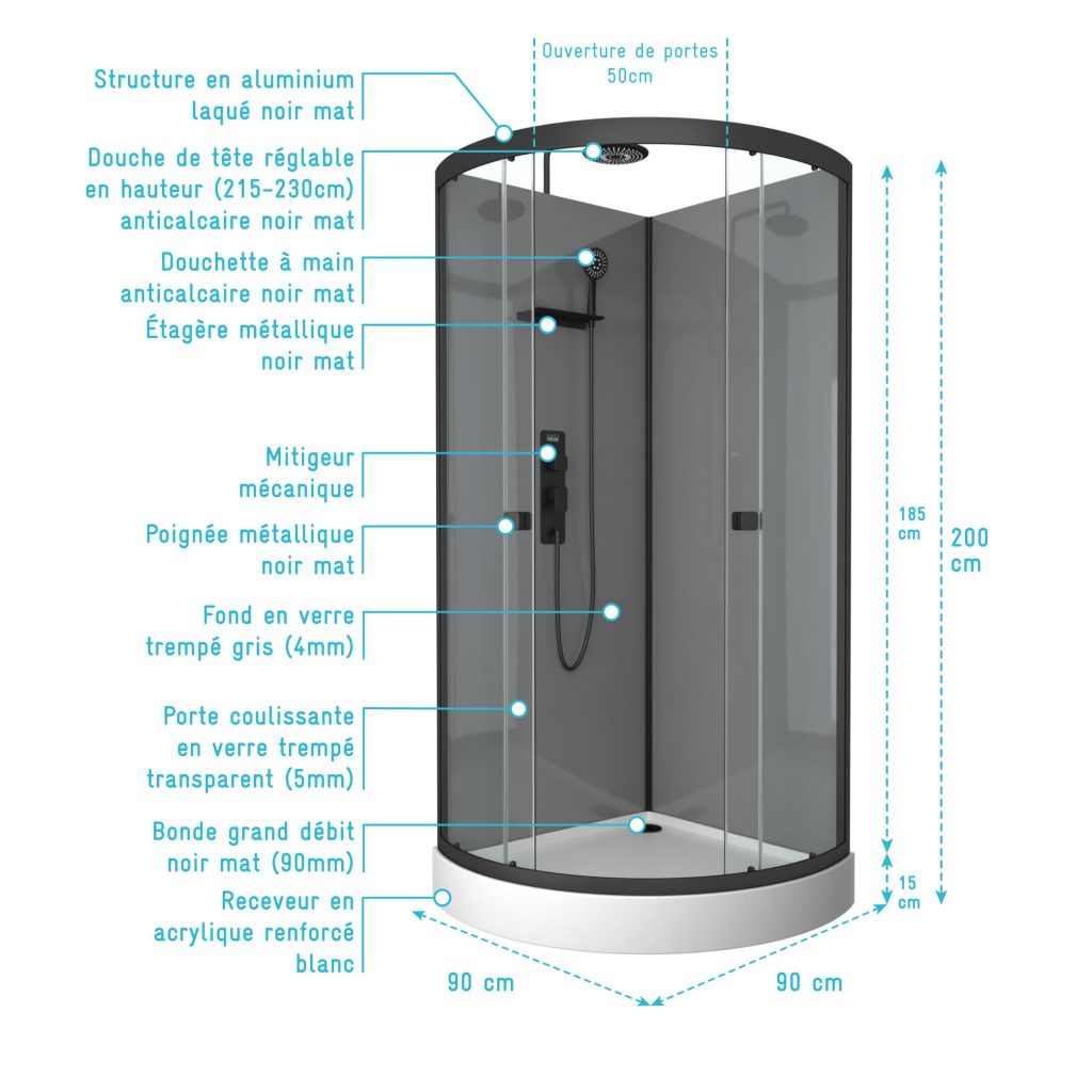 Cabine de douche 1 4 de cercle 90x90x215cm Fonds Gris Profilés Noir