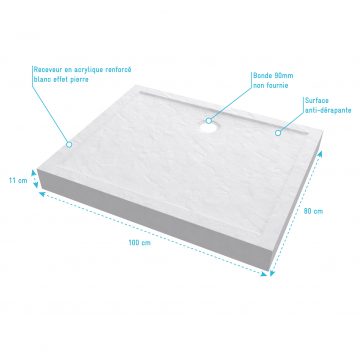 Receveur haut a poser 100x80x11 cm - acrylique renforce blanc effet pierre - anti-derapant