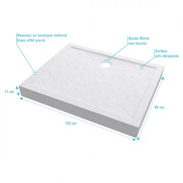 Receveur haut a poser 120x80x11CM - acrylique renforce blanc effet pierre - anti-derapant