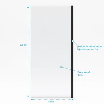 Paroi de retour pour Paroi porte de douche type industriel NOIR MAT - 90x200cm - verre trempe 8mm