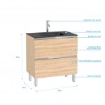 Pack Meuble de salle de bain 80x50 cm Chêne blond - 2 tiroirs - vasque en verre noire