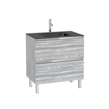 Pack Meuble de salle de bain 80x50 cm Chêne gris-blanc - 2 tiroirs - vasque en verre noir