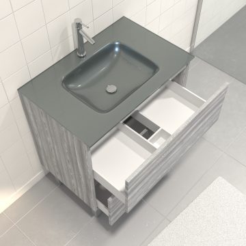 Pack Meuble de salle de bain 80x50 cm Chêne gris-blanc - 2 tiroirs - vasque en verre Argent