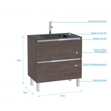Pack Meuble de salle de bain 80x50 cm Graphite - 2 tiroirs - vasque en verre noir