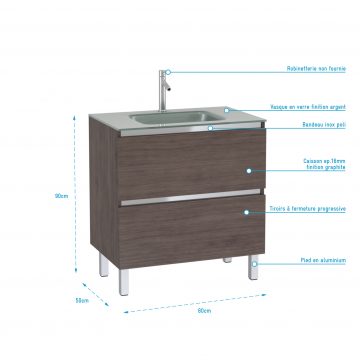 Pack Meuble de salle de bain 80x50 cm Graphite - 2 tiroirs - vasque en Argent