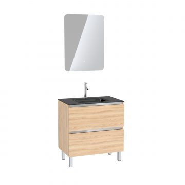 Pack Meuble de salle de bain 80x50 cm Chêne blond - 2 tiroirs - vasque verre noir + miroir LED