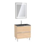 Meuble de salle de bain 80x50 cm Chêne blond - 2 tiroirs - vasque verre noir + miroir LED