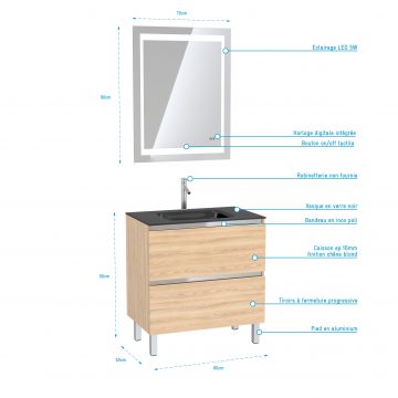 Meuble de salle de bain 80x50 cm Chêne blond - 2 tiroirs - vasque verre noir + miroir LED