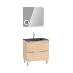 Meuble de salle de bain 80x50 cm Chêne blond - 2 tiroirs - vasque verre noir + miroir LED 80x70