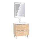 Pack Meuble de salle de bain 80x50 cm Chêne blond + vasque verre blanc + miroir LED 70x90