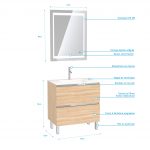 Pack Meuble de salle de bain 80x50 cm Chêne blond + vasque verre blanc + miroir LED 70x90