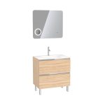 Pack Meuble de salle de bain 80x50 cm Chêne blond + vasque verre blanc + miroir LED 80x70
