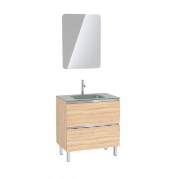 Pack Meuble de salle de bain 80x50 cm Chêne blond + vasque Argent + miroir LED 60x80