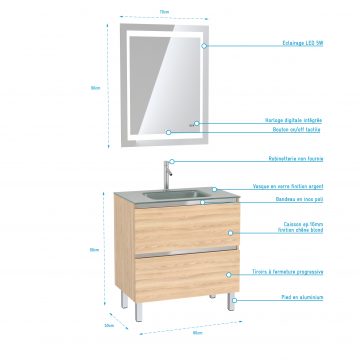 Pack Meuble de salle de bain 80x50 cm Chêne blond + vasque Argent + miroir LED 70x90