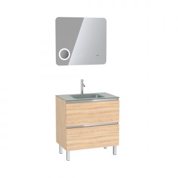 Pack Meuble de salle de bain 80x50 cm Chêne blond + vasque Argent + miroir LED 80x70