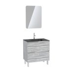 Pack Meuble de salle de bain 80x50 cm Chêne gris-blanc + vasque verre noir + miroir LED 60x80