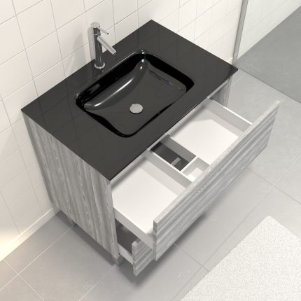Pack Meuble de salle de bain 80x50 cm Chêne gris-blanc + vasque verre noir + miroir LED 70x90