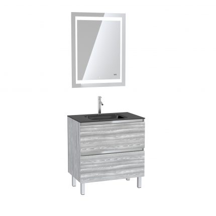 Pack Meuble de salle de bain 80x50 cm Chêne gris-blanc + vasque verre noir + miroir LED 70x90