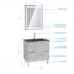Pack Meuble de salle de bain 80x50 cm Chêne gris-blanc + vasque verre noir + miroir LED 70x90