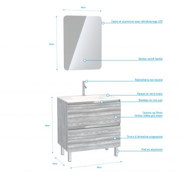 Pack Meuble de salle de bain 80x50 cm Chêne gris-blanc + vasque verre blanc + miroir LED 60x80