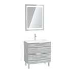 Pack Meuble de salle de bain 80x50 cm Chêne gris-blanc + vasque verre blanc + miroir LED 70x90