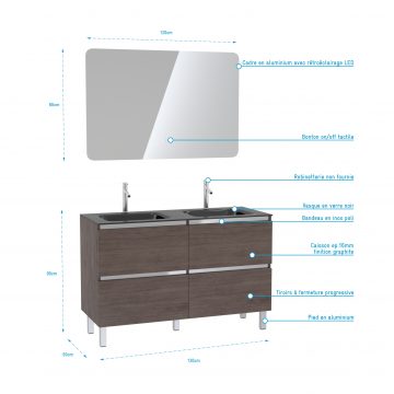 Pack meuble de salle de bain 130x50 cm finition Graphite + vasque Noir + Miroir LED 120x80