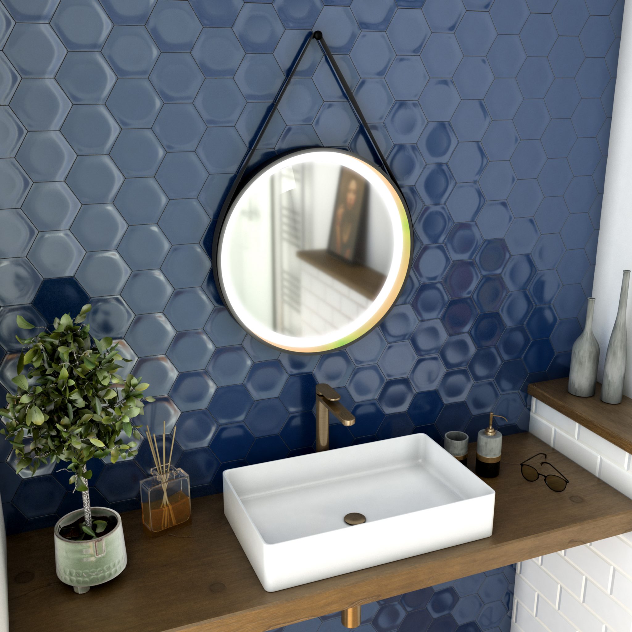 Miroir salle de bain rond diamètre 55cm noir mat et finition bronze CIRCLE HORUS LED Aurlane