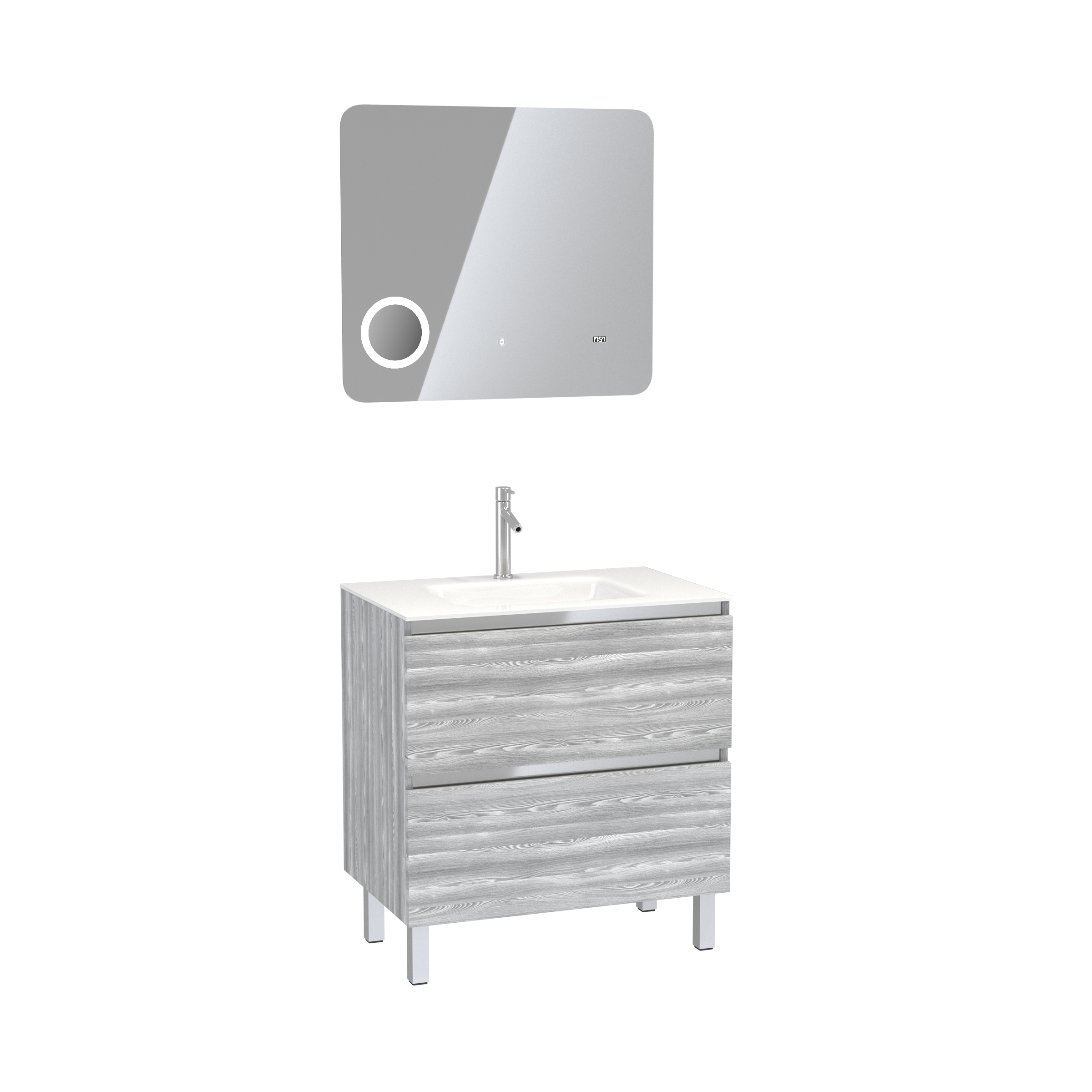 Pack Meuble de salle de bain 80x50 cm Chêne gris-blanc + vasque verre blanc + miroir LED 80x70