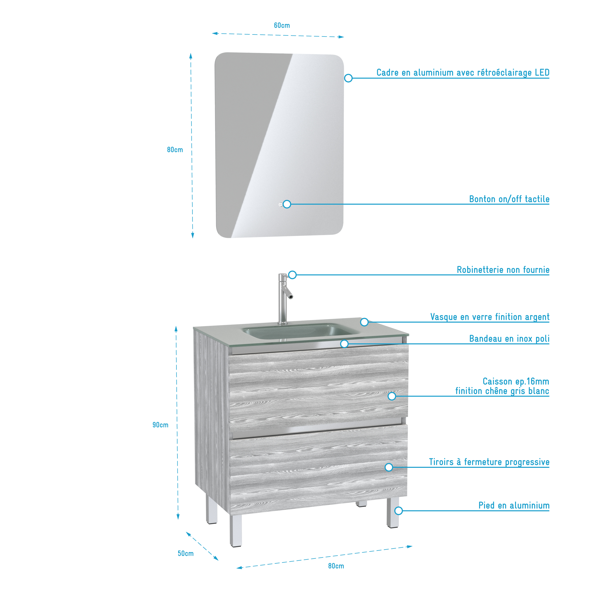 Pack Meuble de salle de bain 80x50 cm Chêne gris-blanc + vasque Argent + miroir LED 60x80