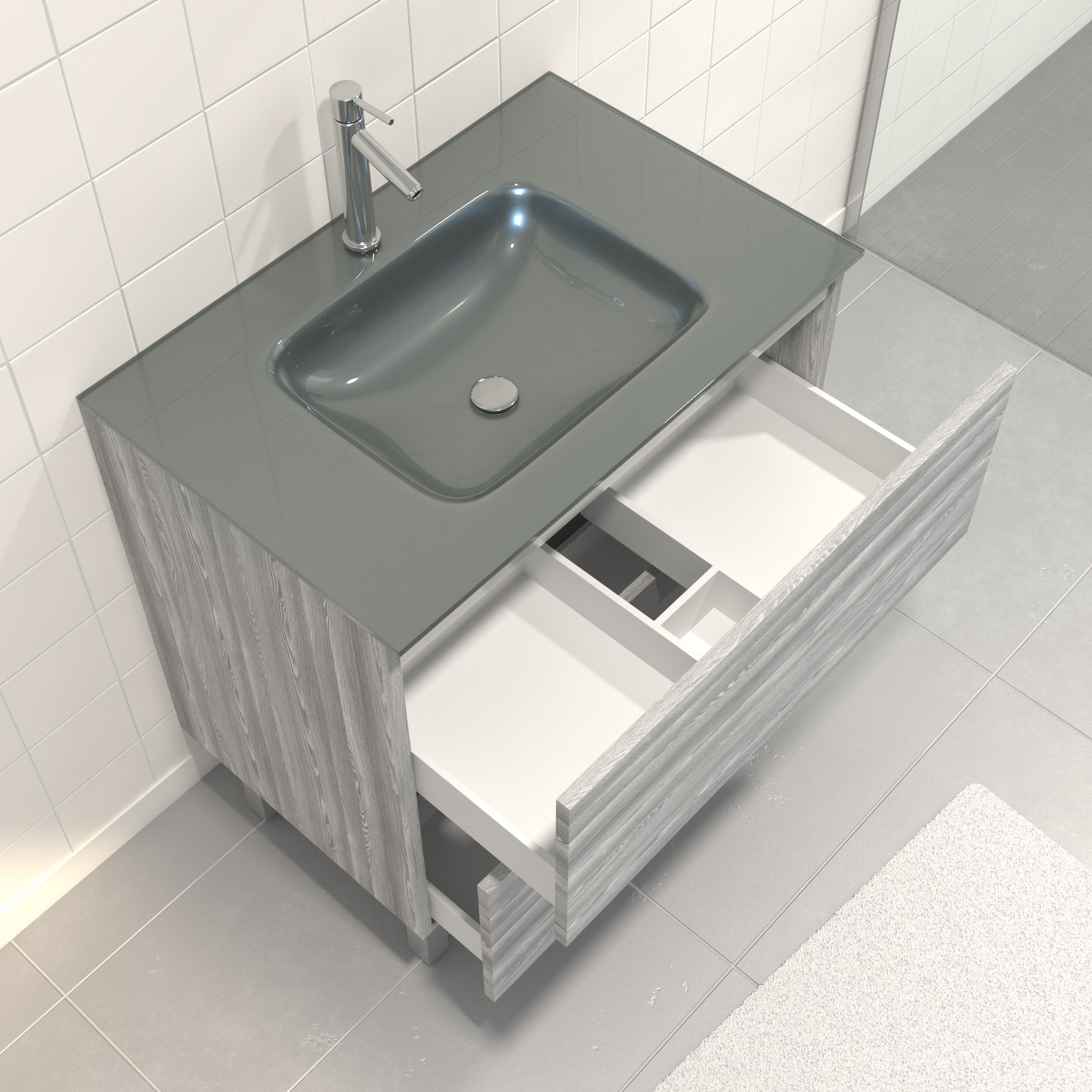 Pack Meuble de salle de bain 80x50 cm Chêne gris-blanc + vasque Argent + miroir LED 70x90