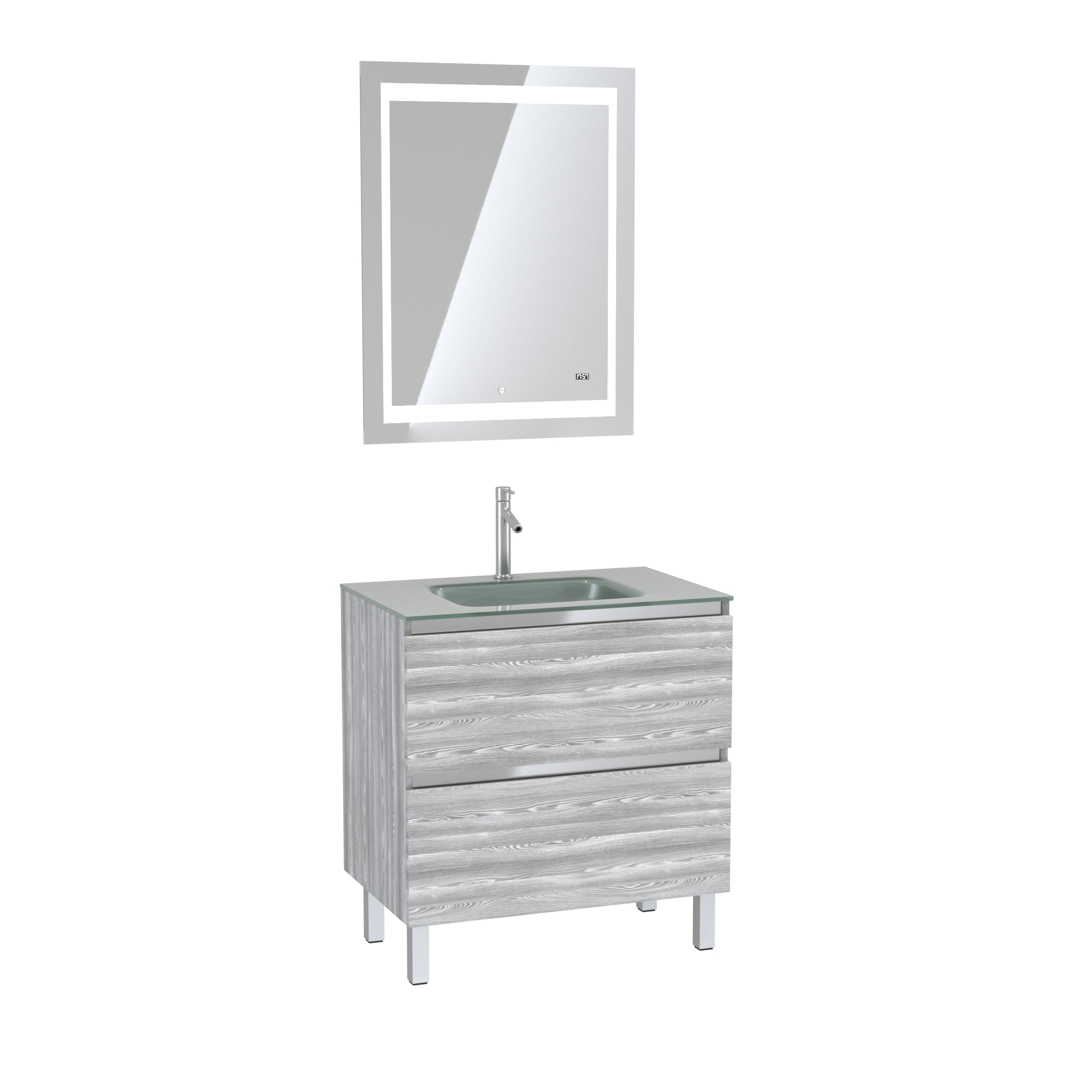 Pack Meuble de salle de bain 80x50 cm Chêne gris-blanc + vasque Argent + miroir LED 70x90