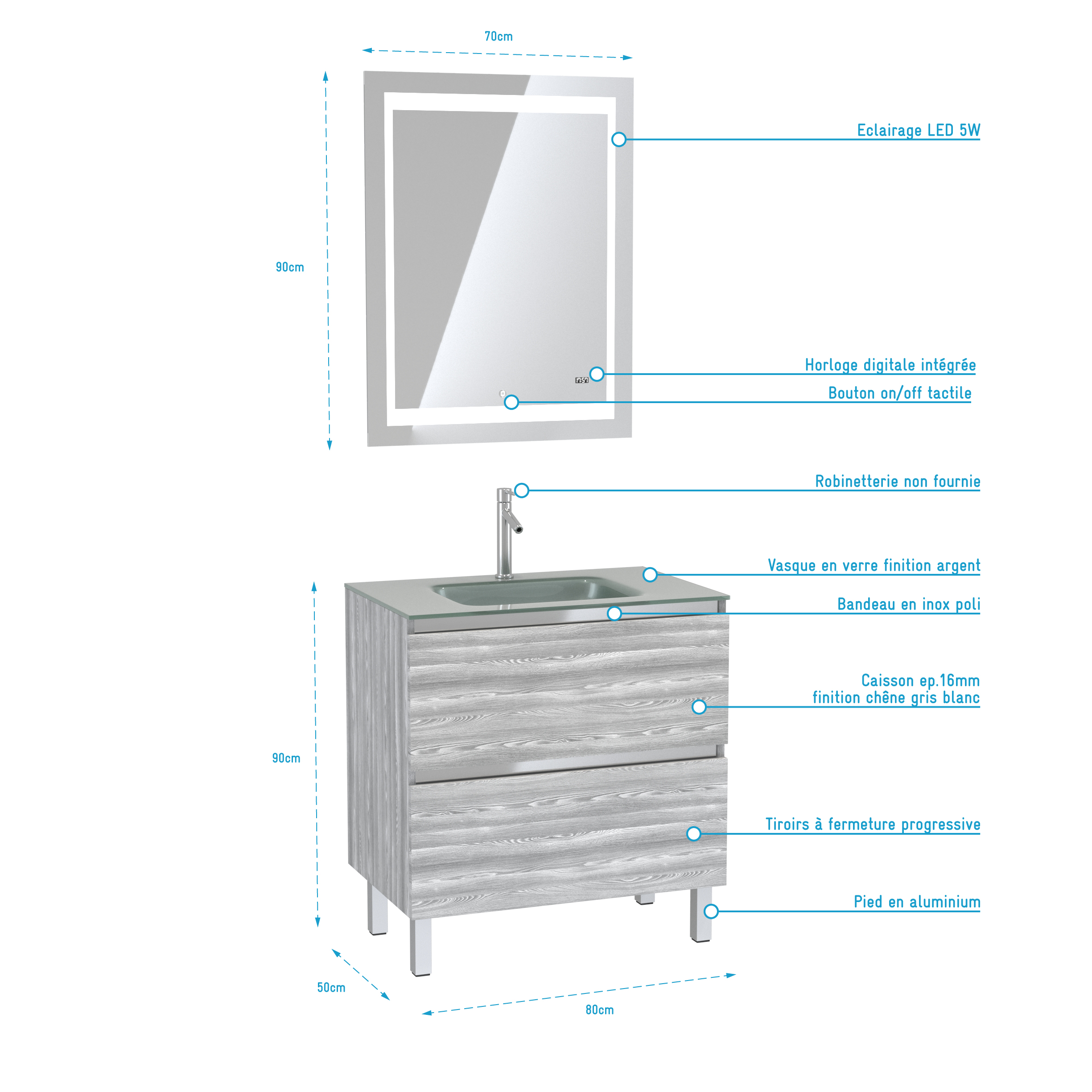 Pack Meuble de salle de bain 80x50 cm Chêne gris-blanc + vasque Argent + miroir LED 70x90