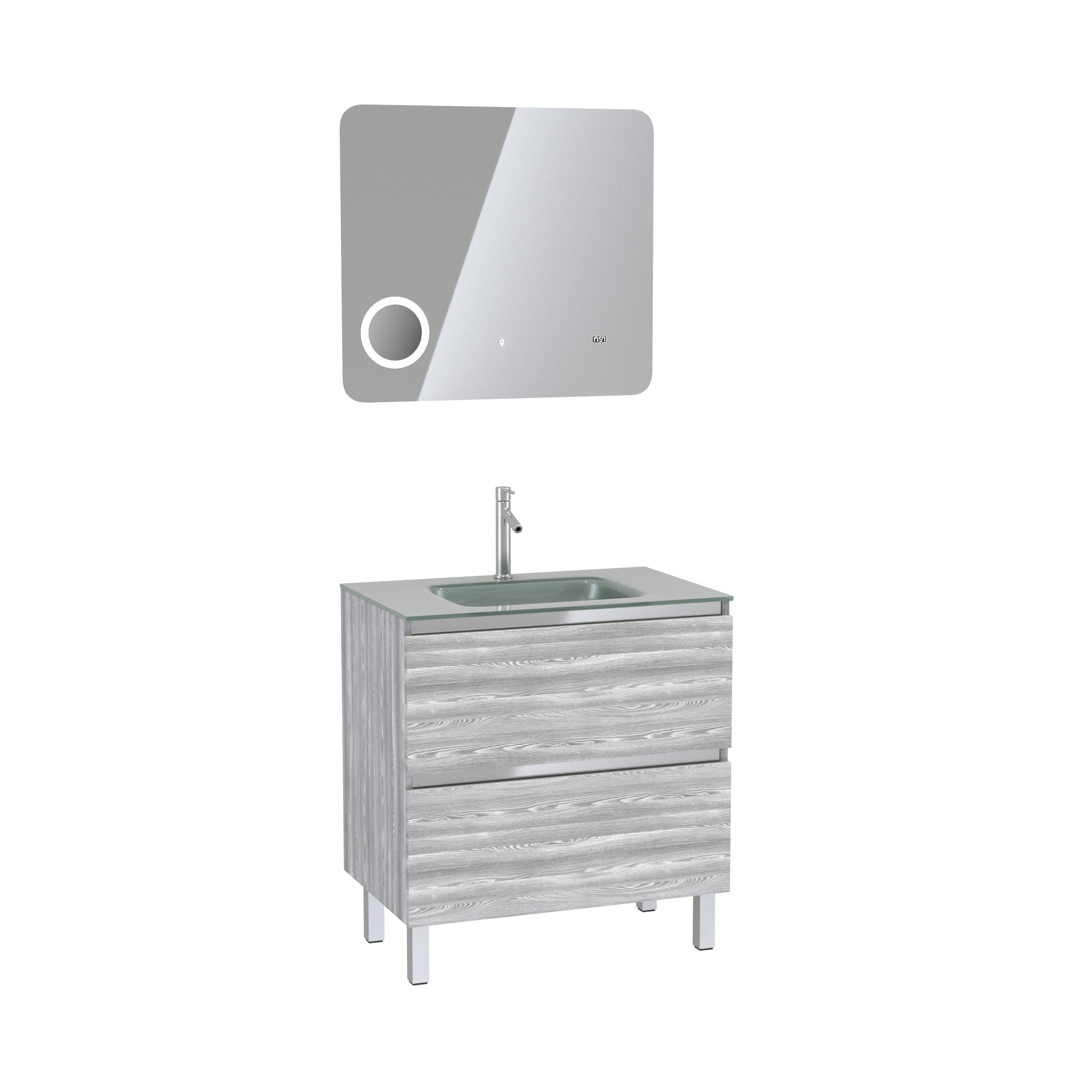 Pack Meuble de salle de bain 80x50 cm Chêne gris-blanc + vasque Argent + miroir LED 80x70