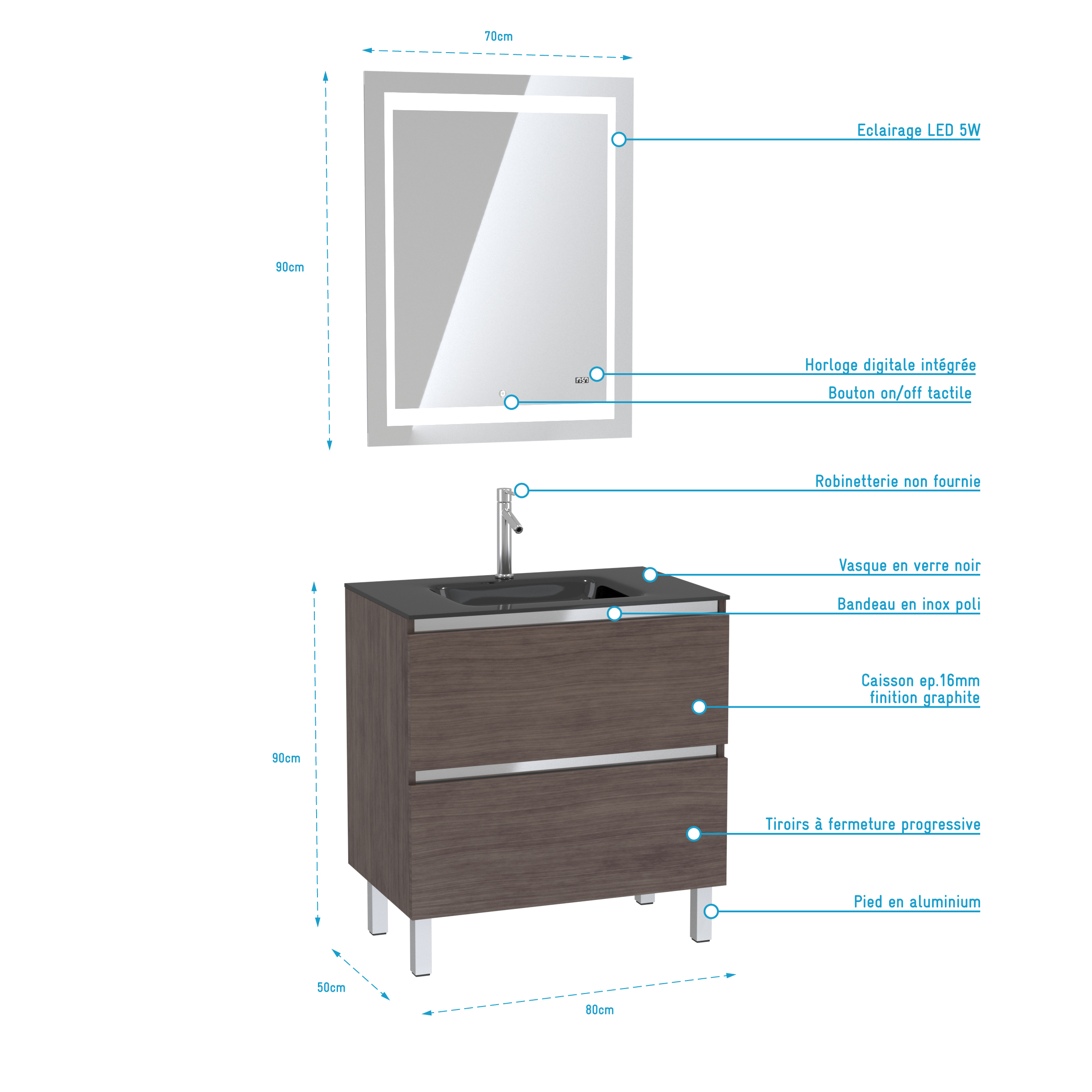 Pack Meuble de salle de bain 80x50 cm Graphite + vasque verre noir + miroir LED 70x90