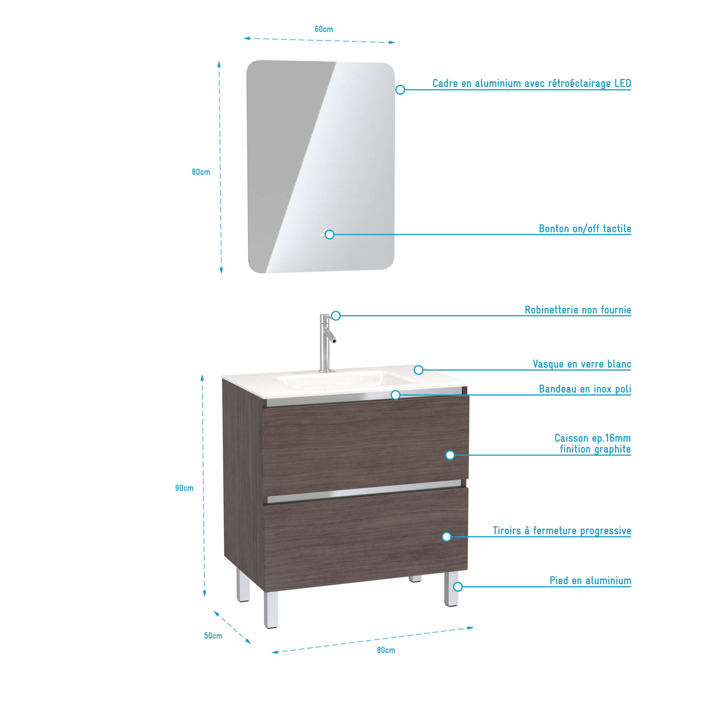 Pack Meuble de salle de bain 80x50 cm Graphite + vasque verre blanc + miroir LED 60x80