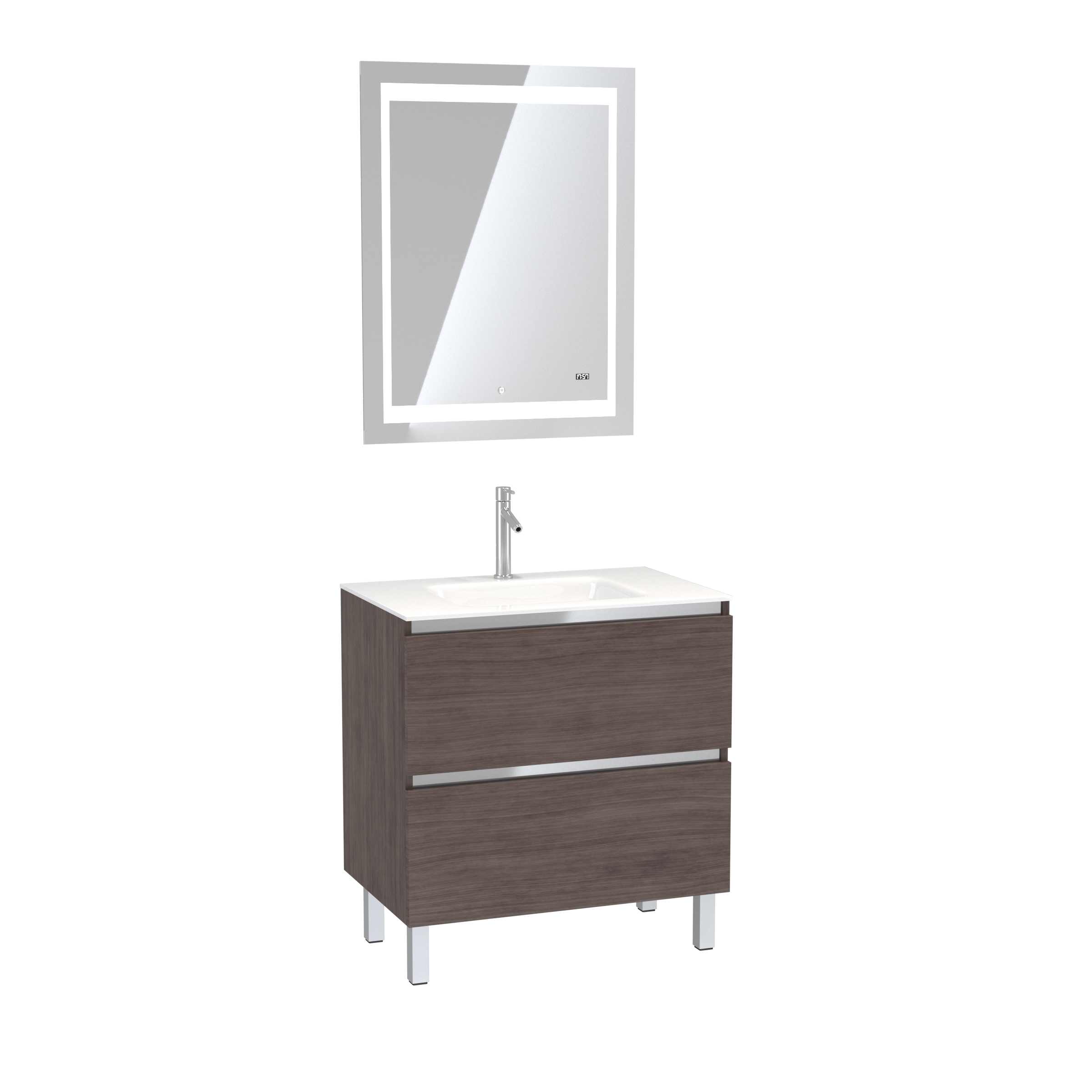 Pack Meuble de salle de bain 80x50 cm Graphite + vasque verre blanc + miroir LED 70x90