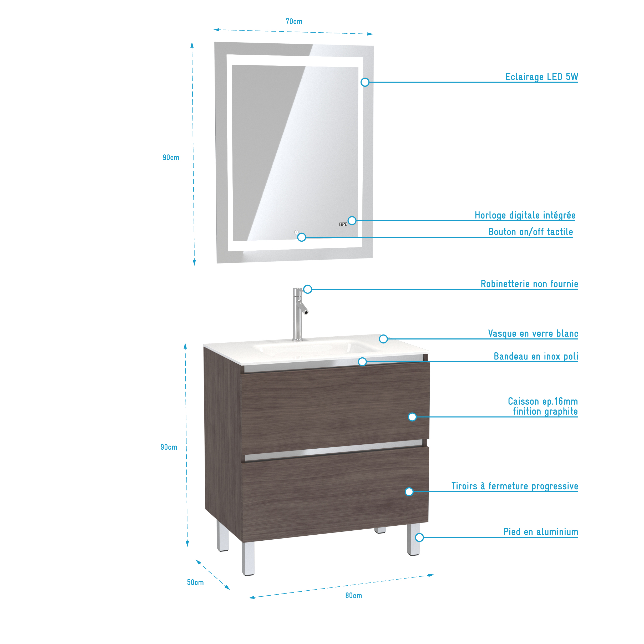 Pack Meuble de salle de bain 80x50 cm Graphite + vasque verre blanc + miroir LED 70x90