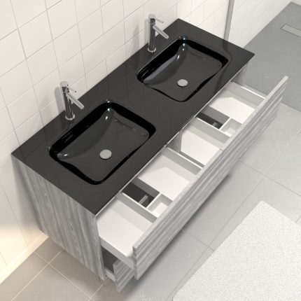 Pack Meuble de salle de bain 130x50 cm MDF Chêne gris blanc - 2 Tiroirs + vasque verre noir