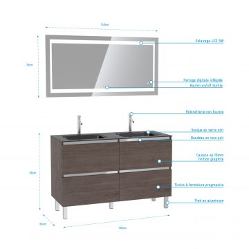 Pack meuble de salle de bain 130x50 cm finition Graphite + vasque Noir + Miroir LED 140x70