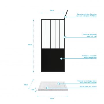 Pack Paroi de douche 90x200 cm noir mat +  Receveur a poser carre blanc finition pierre