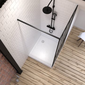 Pack Paroi de douche 90x200 noir + Receveur haut a poser blanc effet pierre 90x90 - anti-derapant