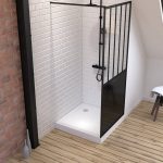Pack Paroi de douche 90x200 noir + Receveur haut a poser blanc effet pierre 90x90 - anti-derapant