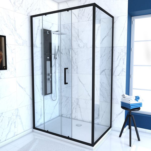 PAROI PORTE DE DOUCHE COULISSANTE + RETOUR 100X90cm - PROFILE NOIR MAT - verre transparent 6mm