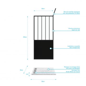 Pack Paroi de douche 90x200 cm noir mat + Receveur extra plat a poser 90X90 cm caniveau