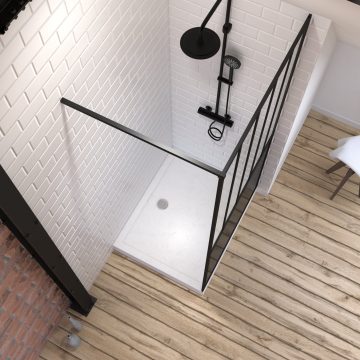 Pack Paroi de douche 100x200 cm noir mat + Receveur haut a poser 100x80 blanc effet pierre
