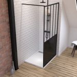 Pack Paroi de douche 100x200 cm noir mat + Receveur extra plat à poser 100x80 blanc effet pierre