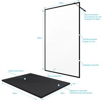 Paroi de douche 120x200cm + receveur a poser 120x80cm - cadre et barre noir mat - CONTOURING 120