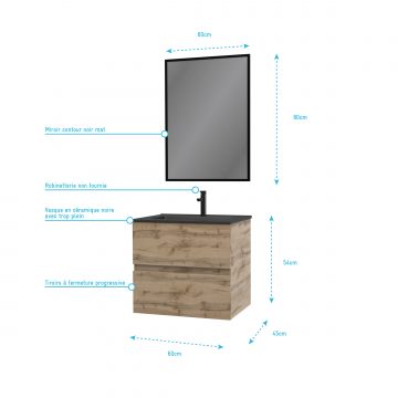 Meuble salle de bain 60x45x54cm - Finition chene naturel + vasque noire + miroir - TIMBER 60 - Pack07