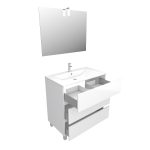 Ensemble Meuble de salle de bain blanc 80 cm sur pied 3 tiroirs + vasque ceramique blanche + miroir