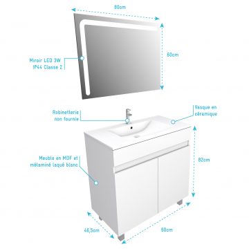 Ensemble Meuble de salle de bain blanc 60cm + vasque ceramique blanche + miroir led integree